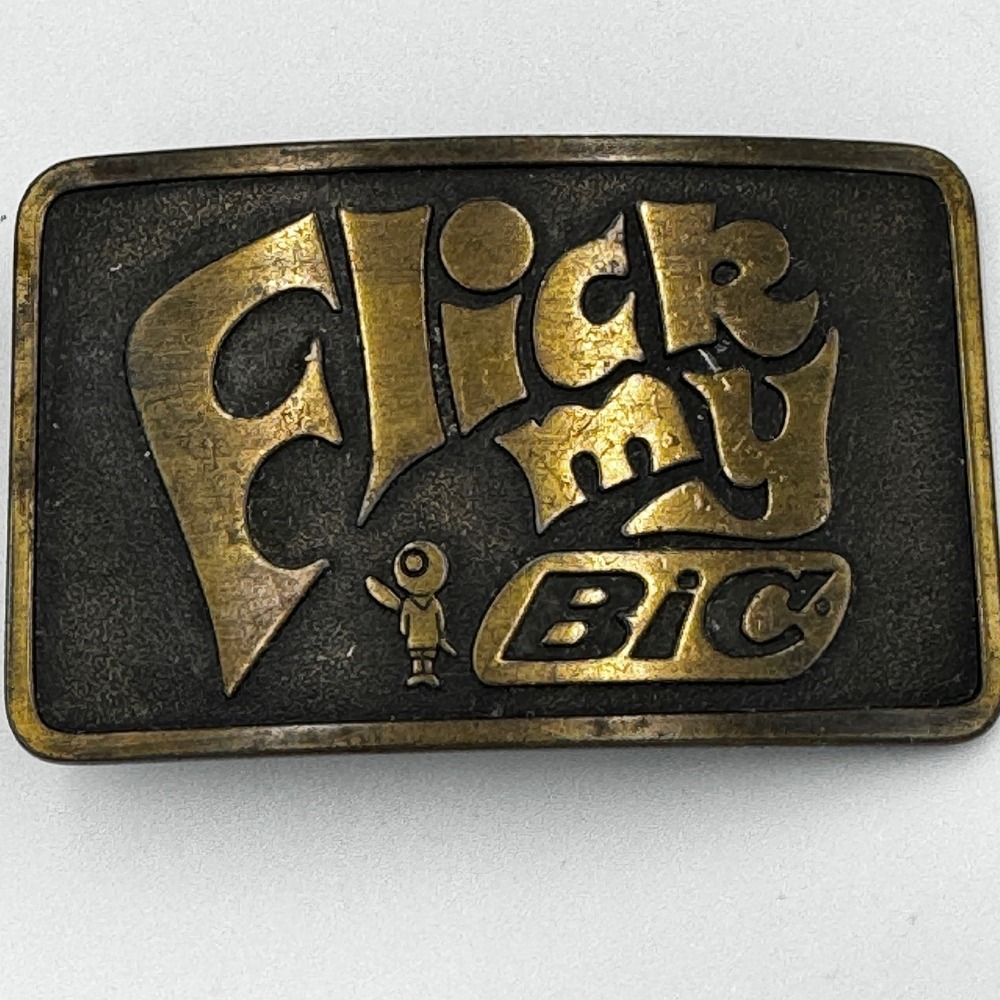 Vintage Flick My Bic Belt Buckle Brass Tone 1970s Advertising Made in USA Retro